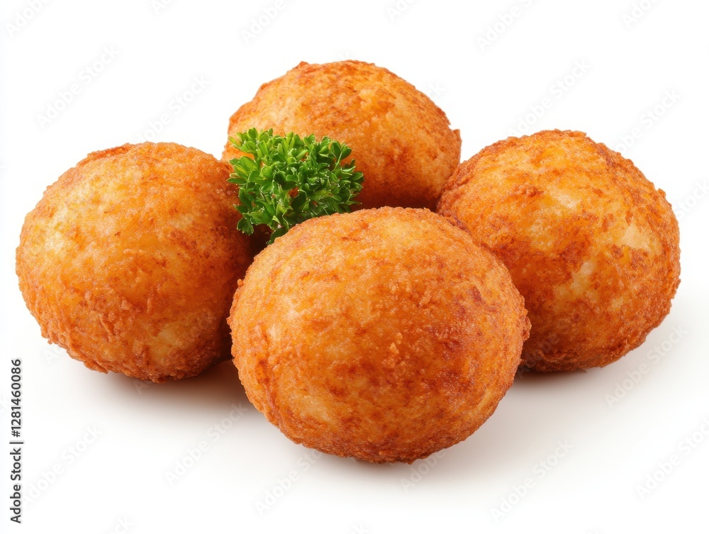 Golden fried arancini balls with fresh parsley sprig on white surface delicious italian appetizer Golden fried arancini balls with fresh parsley sprig on white surface delicious italian appetizer