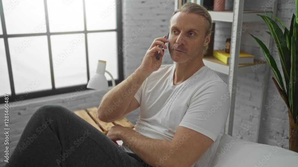 Middle-aged caucasian man talking on smartphone sits on bed in bright modern bedroom. Middle-aged caucasian man talking on smartphone sits on bed in bright modern bedroom.