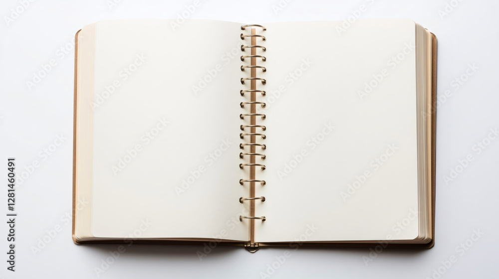 Spiral-bound notebook lying open, white pages ready for creative writing, sketching, or personal notes Spiral-bound notebook lying open, white pages ready for creative writing, sketching, or personal notes