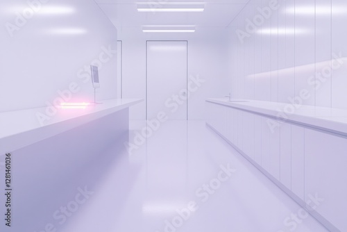 Bright, sterile corridor featuring smooth surfaces and minimalis