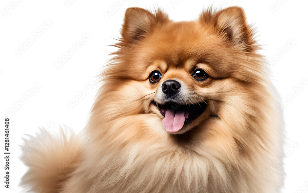 A fluffy Pomeranian dog with a happy expression, isolated on a empty plain background A fluffy Pomeranian dog with a happy expression, isolated on a empty plain background