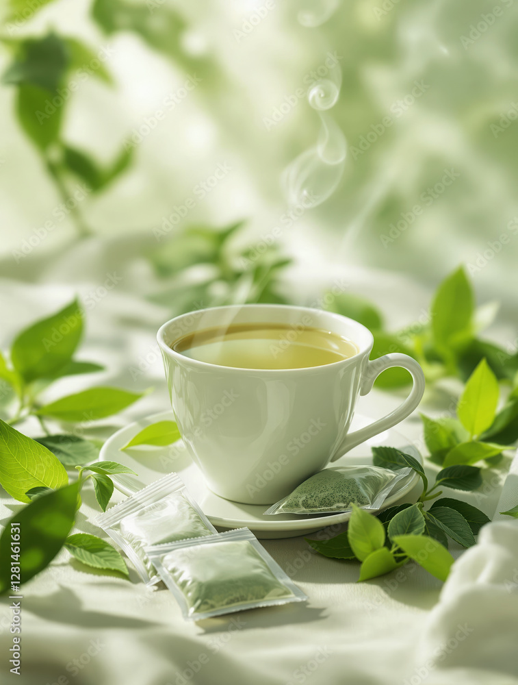 Calming Green Tea Cup with Fresh Leaves and Antioxidant Symbols in Soft Natural Light Calming Green Tea Cup with Fresh Leaves and Antioxidant Symbols in Soft Natural Light