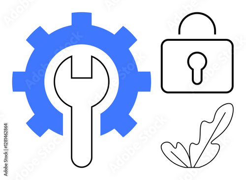 Wrench inside a blue gear, next to a black padlock and a leaf. Ideal for themes of security, tool usage, maintenance, eco-friendliness, technology, repair and nature. Abstract line flat metaphor