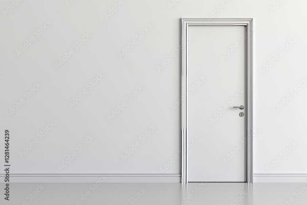 Minimalist bedroom with a hidden flush-to-wall white door, smooth matte finish, and a clean, modern aesthetic. Minimalist bedroom with a hidden flush-to-wall white door, smooth matte finish, and a clean, modern aesthetic.
