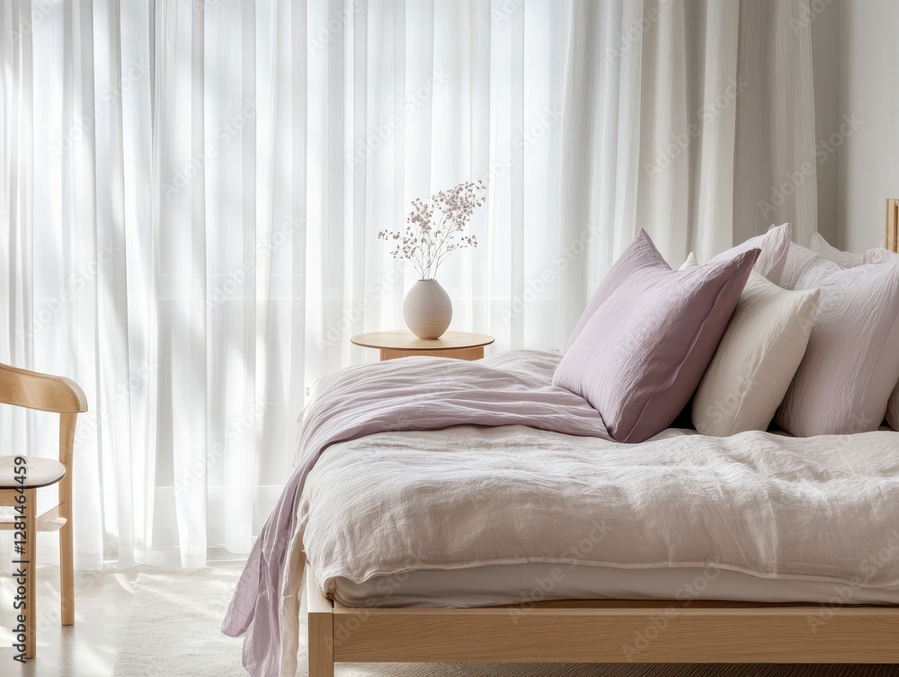 A bedroom contains pillows and light sheets on the bed A bedroom contains pillows and light sheets on the bed
