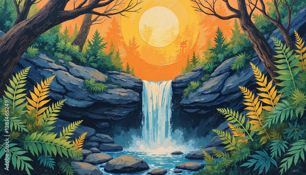 Fototapeta premium Ethereal waterfall cascading in woodland at sunrise, natural beauty