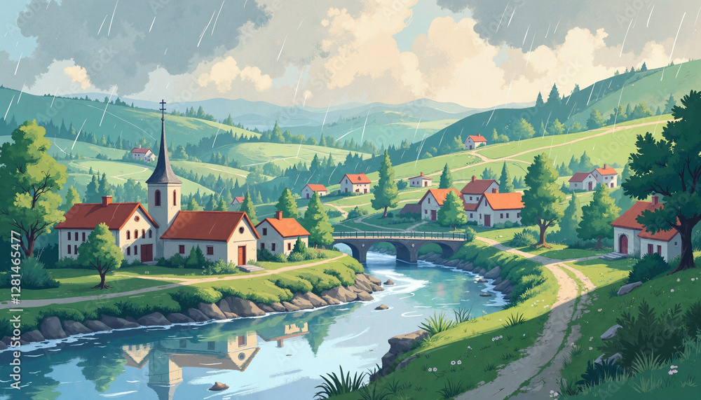 Fototapeta premium Serene village under gentle rain by flowing river, peaceful reflection