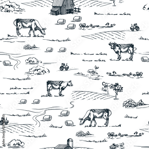Cows on farm meadows seamless pattern. Vector hand drawn sketch illustration. Farming rural landscape doodle background