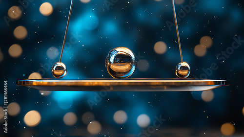 Elegant Newtons cradle in motion against a bokeh background.  Reflecting metallic spheres symbolize balance, energy transfer, and cyclical processes.