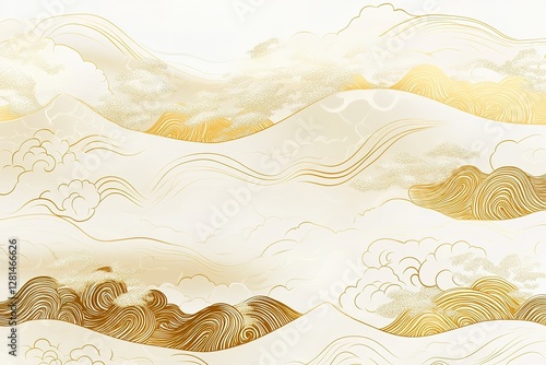Golden Clouds: Elegant Japanese Pattern Design. Perfect for luxurious branding, textiles, wallpapers, packaging, and website backgrounds. Adds a touch of traditional Japanese artistry and             