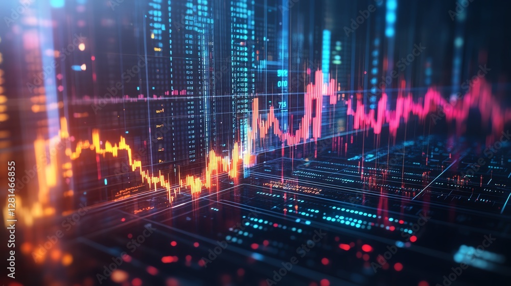 A stunning 3D stock market visualization featuring an illuminated financial graph, rising profit indicators, and dynamic money exchange data A stunning 3D stock market visualization featuring an illuminated financial graph, rising profit indicators, and dynamic money exchange data
