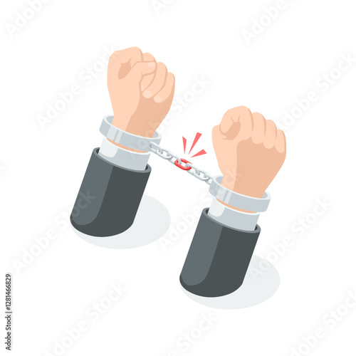 isometric vector male hands in handcuffs connected by chain, in color on a white background, restricted person or prisoner and desire for freedom
