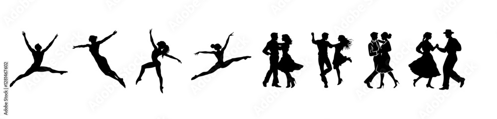 Dance School Logo with Full Body Silhouettes in motion rythm Dance School Logo with Full Body Silhouettes in motion rythm