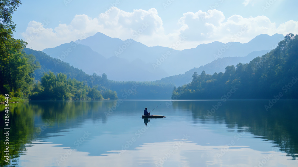 Peaceful fisherman casting line from wooden dock, tranquil lake mirroring mountain silhouettes under soft morning light Peaceful fisherman casting line from wooden dock, tranquil lake mirroring mountain silhouettes under soft morning light