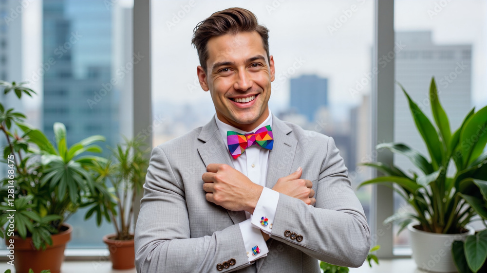 Groom playfully adjusting cufflinks in urban apartment, vibrant style Groom playfully adjusting cufflinks in urban apartment, vibrant style