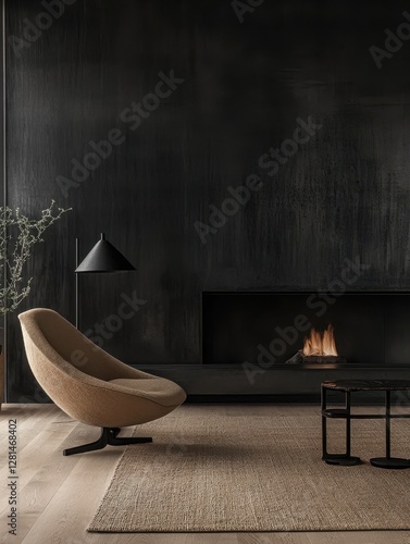 A cozy modern living room with a fireplace and chair