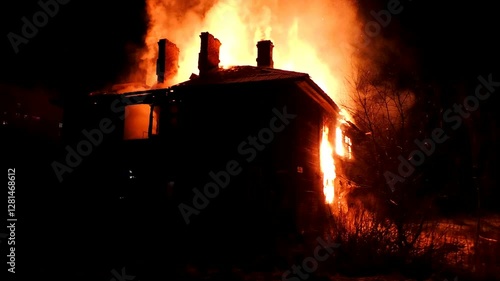 A big fire burns down the house. A fiery tragedy, The building is burning from the inside, flames are everywhere, complete destruction by fire.
