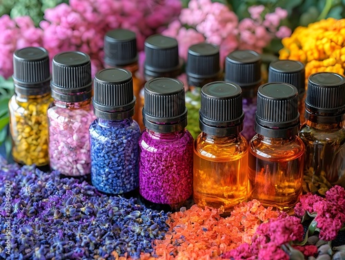 Fotografie Salt spa treatment Captivating essential oil bottle with vibrant flowers and col