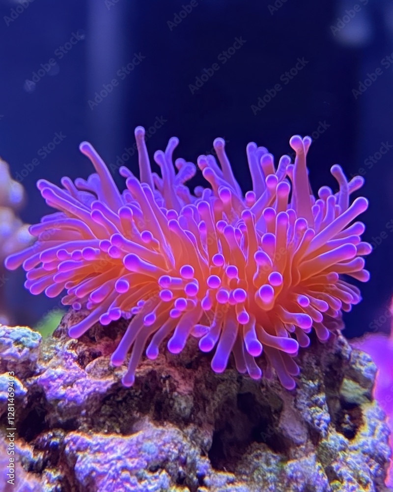 Vibrant underwater world featuring a captivating purple tipped anemone with orange center on a rock formation Vibrant underwater world featuring a captivating purple tipped anemone with orange center on a rock formation