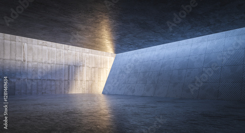 Light beam illuminating modern empty concrete room with geometric pattern wall