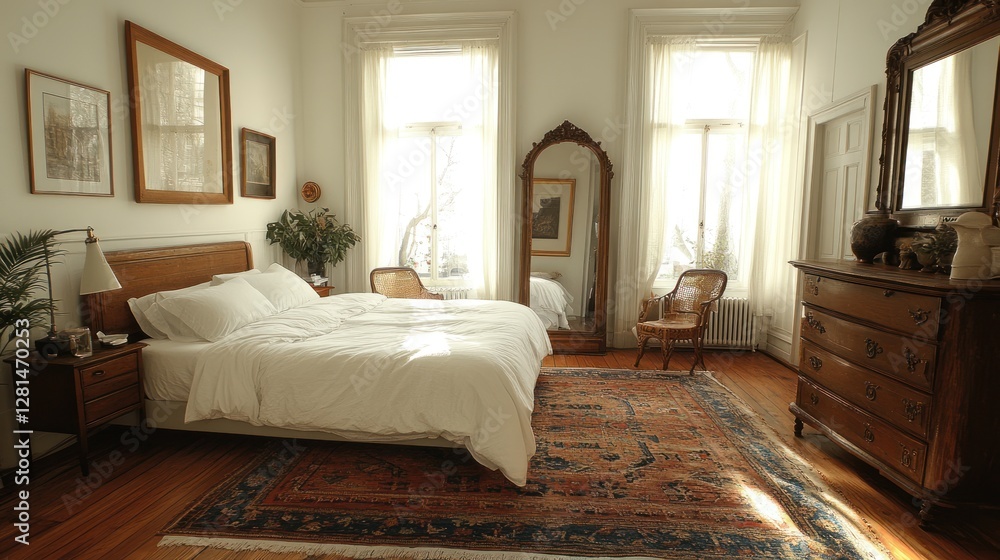 Fototapeta premium Sunlit Bedroom With Wooden Furniture And White Bedding