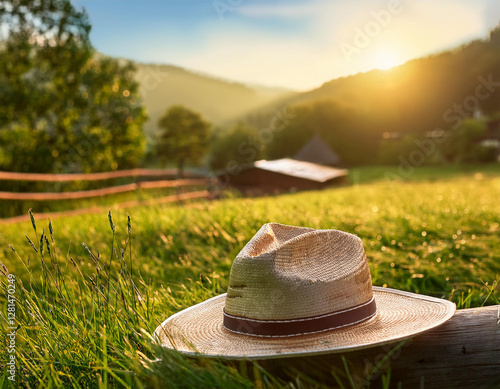 voyage nature a la campagne a la ferme loisirs detente vacances sejour semaine ou week end en ete chapeau prairie verdure nature espace flou pour zone de titre ou texte photo