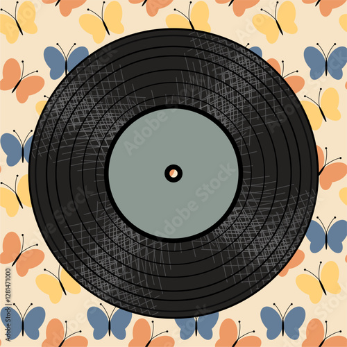  Vinyl disk retro style illustration vector art decor design 70s, 80s, 90s music pattern