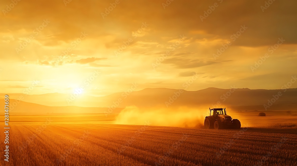 Fototapeta premium Tractor working in field at sunset, dust cloud.