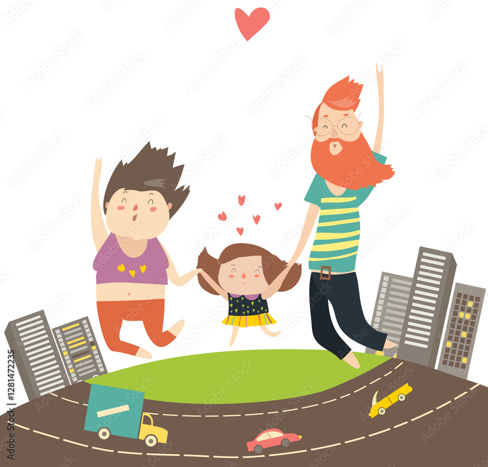 Joyful family is jumping. Dad mom and daughter holding hands jumped. Vector isolated illustration