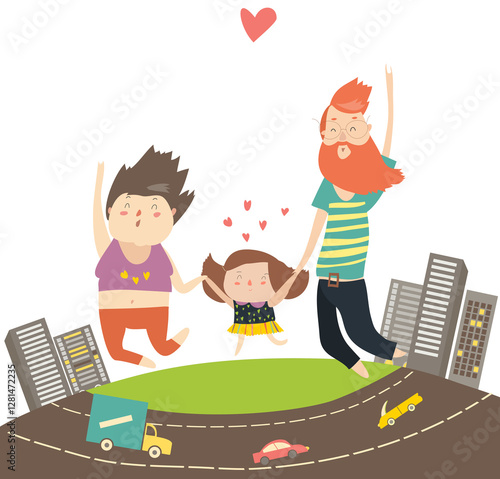 Obraz na płótnie Joyful family is jumping. Dad mom and daughter holding hands jumped. Vector isolated illustration w salonie