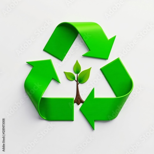 A circular design featuring intertwined green recycling symbols with leaves and a small tree in the center, organic waste, botanicals