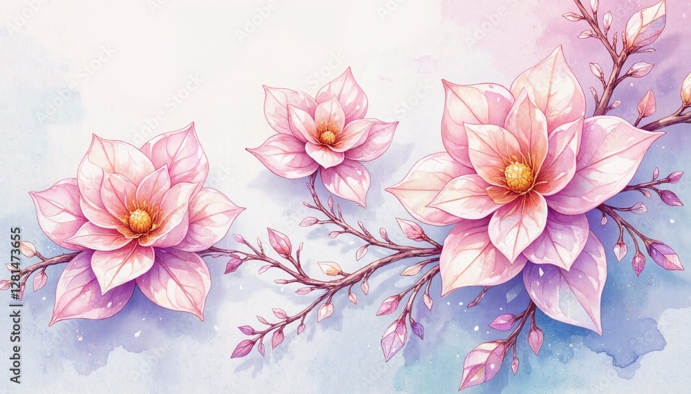 Pink Cherry Blossom Branches with Light Blue Background Pink Cherry Blossom Branches with Light Blue Background