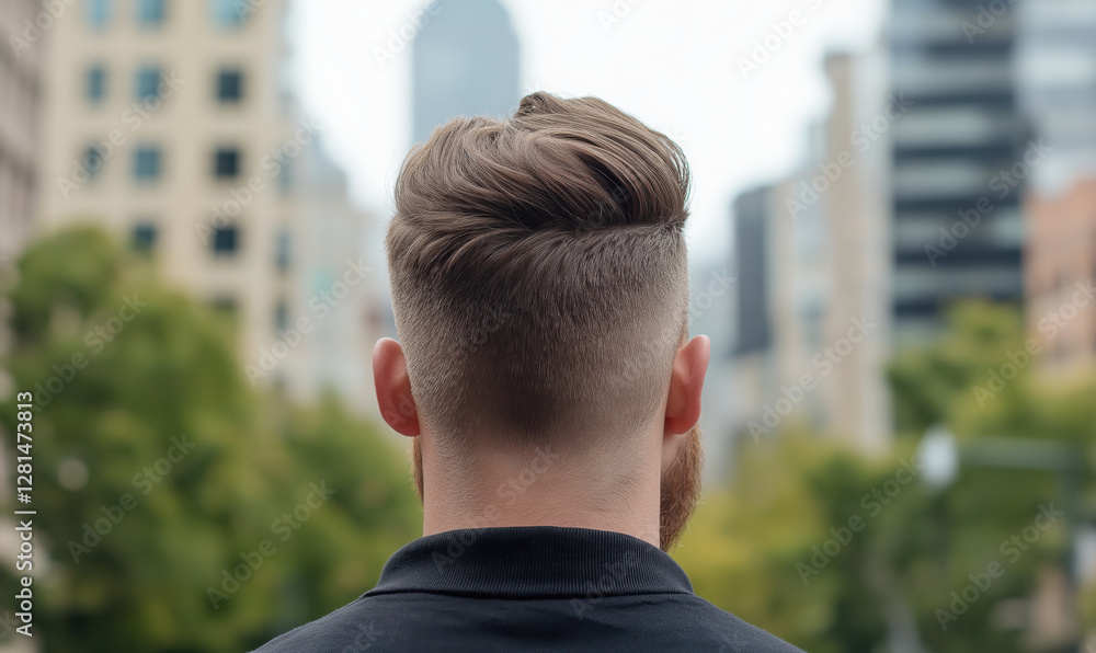 Man with trendy haircut from behind against urban background. Modern style concept Man with trendy haircut from behind against urban background. Modern style concept