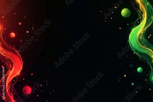 Black background with abstract geometric shapes and wavy lines in red yellow green, patterns, abstract
