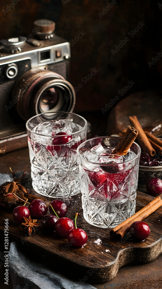 Photographs of cranberry and cinnamon mulled wine in glasses on a wooden board
Photographs of cranberry and cinnamon mulled wine in glasses on a wooden board