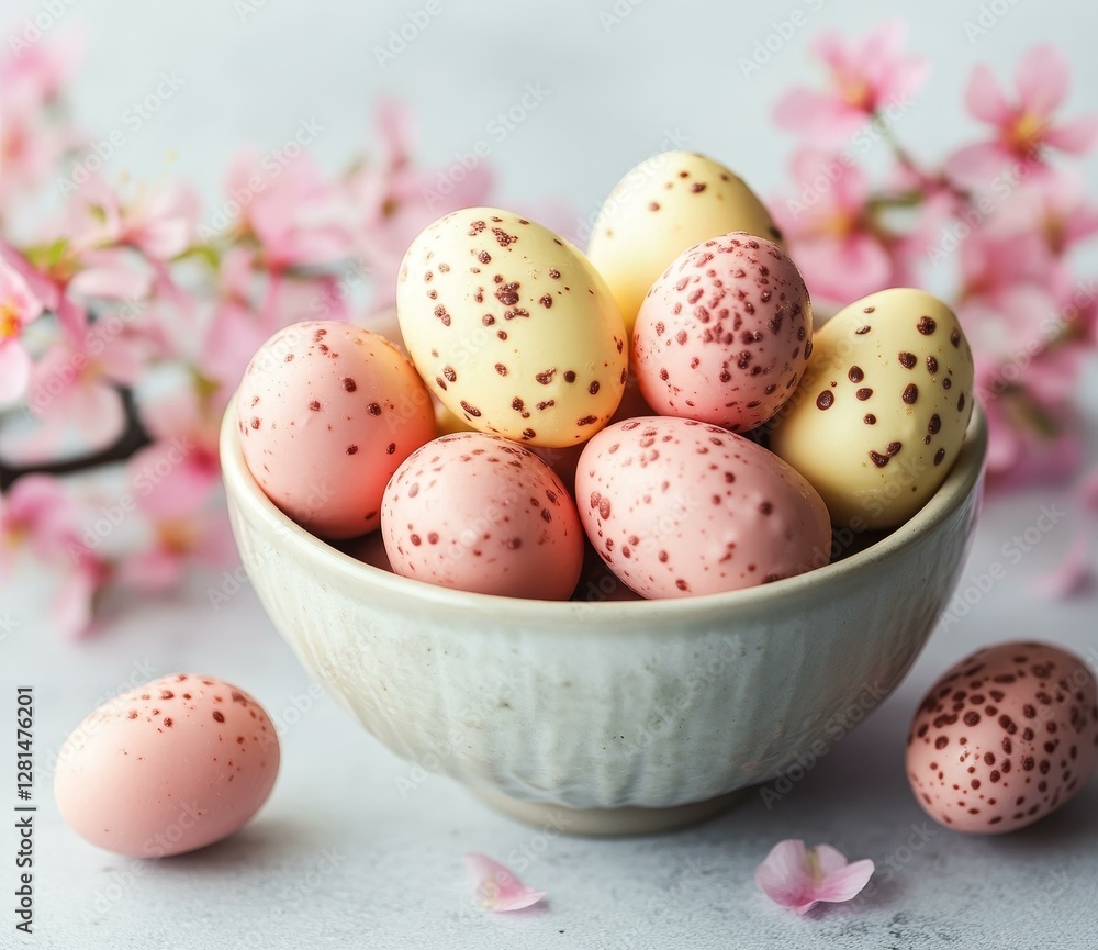 Colorful Chocolate Easter Eggs in Bowl with Pink Flowers Colorful Chocolate Easter Eggs in Bowl with Pink Flowers