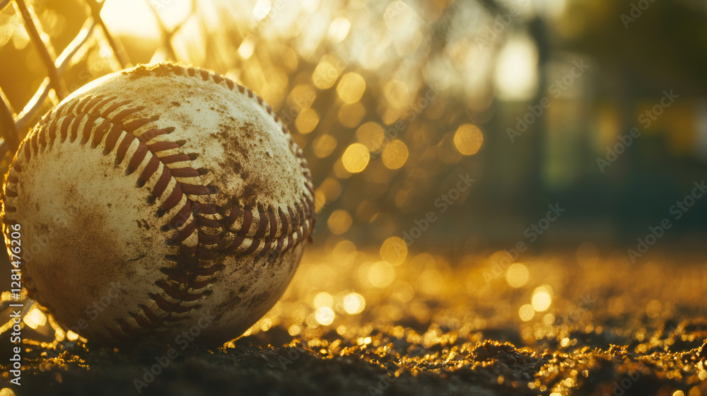 Fototapeta premium Weathered baseball lying on dusty field, backlit by golden sunset glow filtering through wire fence
