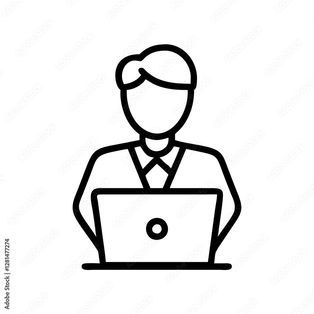 Businessman working on laptop icon in black outline style Businessman working on laptop icon in black outline style