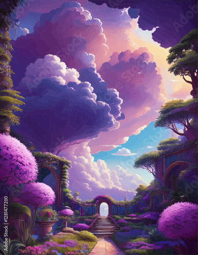 Magical garden path leading to a bright future under purple clouds
