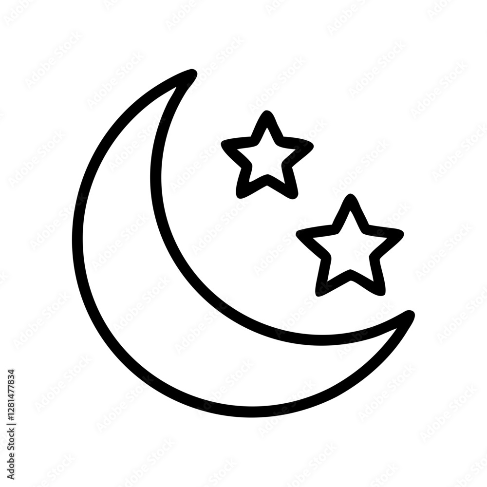 Crescent moon and stars line icon in black and white Crescent moon and stars line icon in black and white