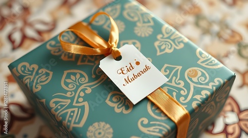 A beautifully wrapped Eid Mubarak gift, adorned with a golden ribbon and a festive tag, sits atop a table with a soft, patterned background, conveying warmth and celebration photo