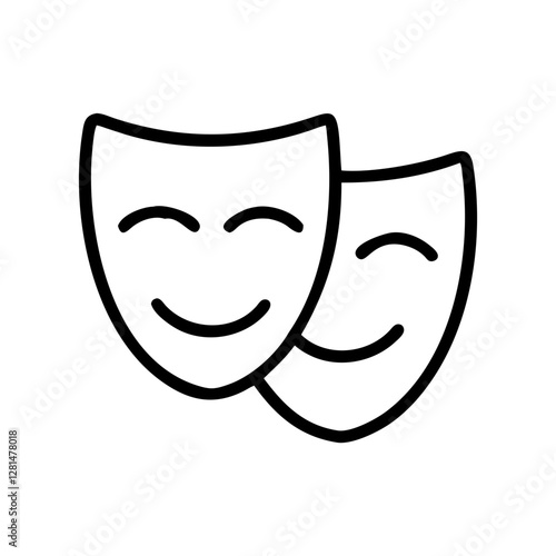 Minimalist comedy theater masks icon in black outline on white background