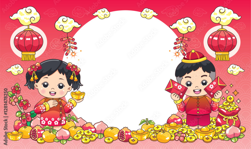 Naklejka premium cartoon illustrations of Chinese boy and girl to depict cultural events