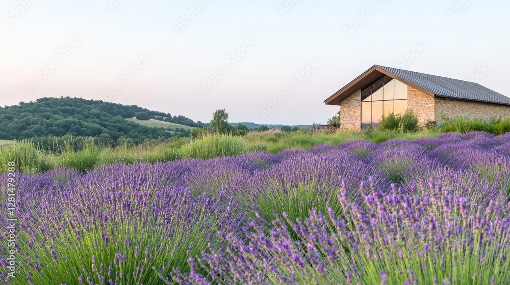 Lavender Field with Modern Farmhouse at Sunrise Lavender Field with Modern Farmhouse at Sunrise