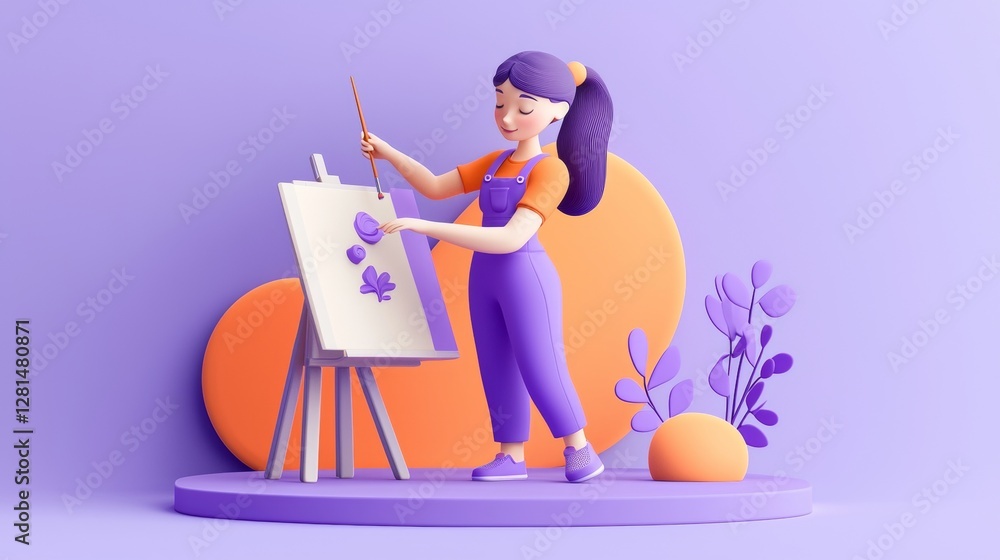 Fototapeta premium Girl Painting a Picture Soft colors 3D illustration.