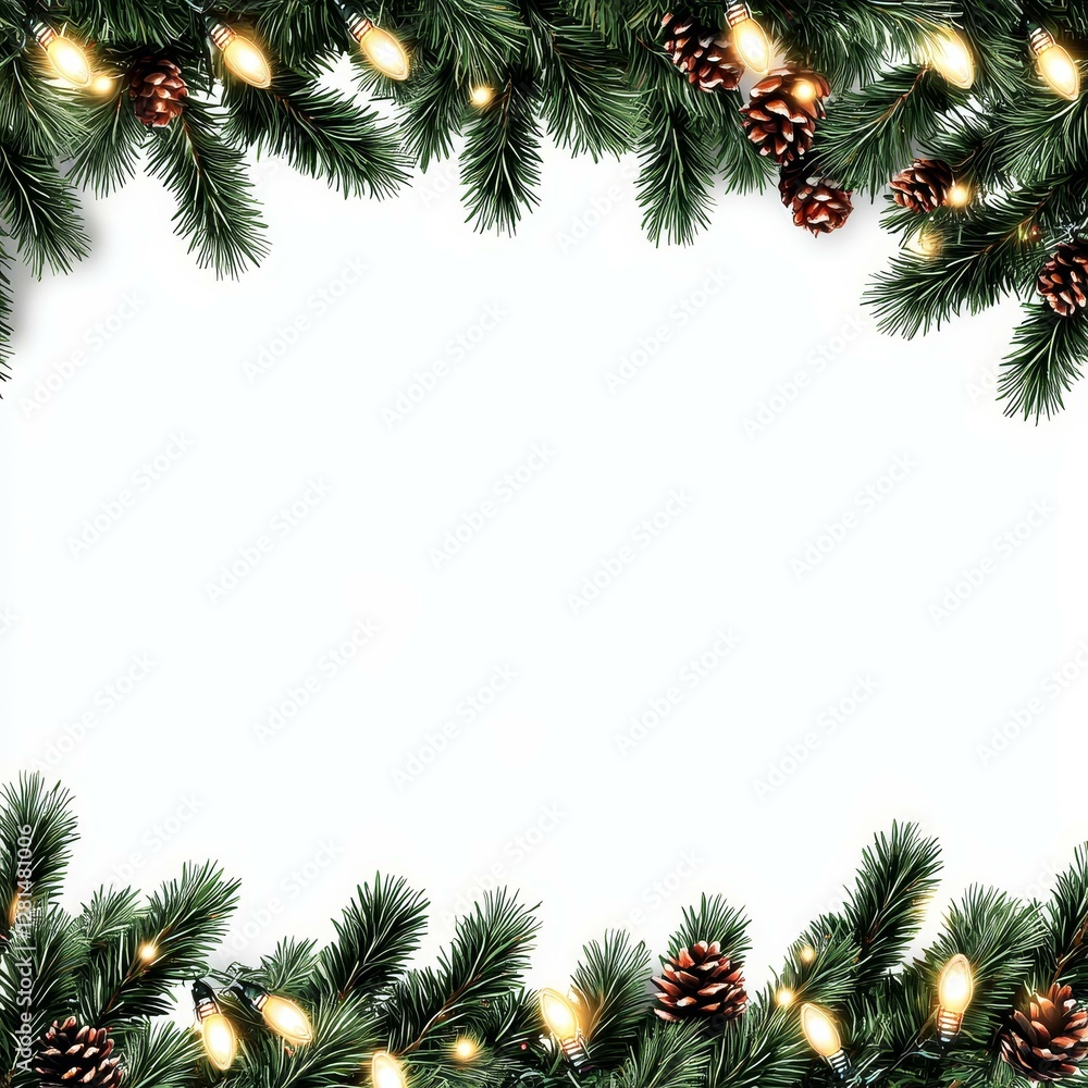 Christmas Fir Tree Branches with Lights and Pine Cones Border Design Christmas Fir Tree Branches with Lights and Pine Cones Border Design