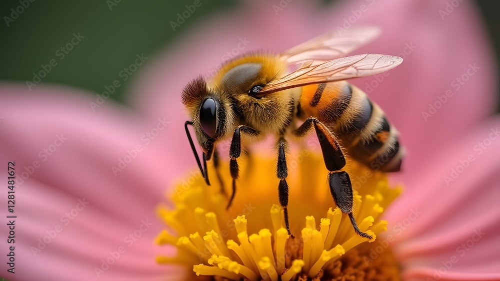A close-up image of a honeybee collecting pollen from a vibrant pink and yellow flower in a natural garden setting. A close-up image of a honeybee collecting pollen from a vibrant pink and yellow flower in a natural garden setting.