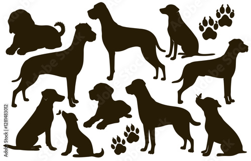 Dog silhouettes of different breeds standing, sitting, resting, playing with butterflies and paw prints, animal illustrations