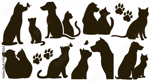 Animal silhouettes of cats and dogs sitting, playing, interacting, paw prints, butterflies, minimalist background, pet illustrations