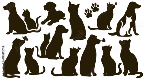 Animal silhouettes of cats and dogs sitting, playing, interacting, paw prints, butterflies, minimalist background, pet illustrations